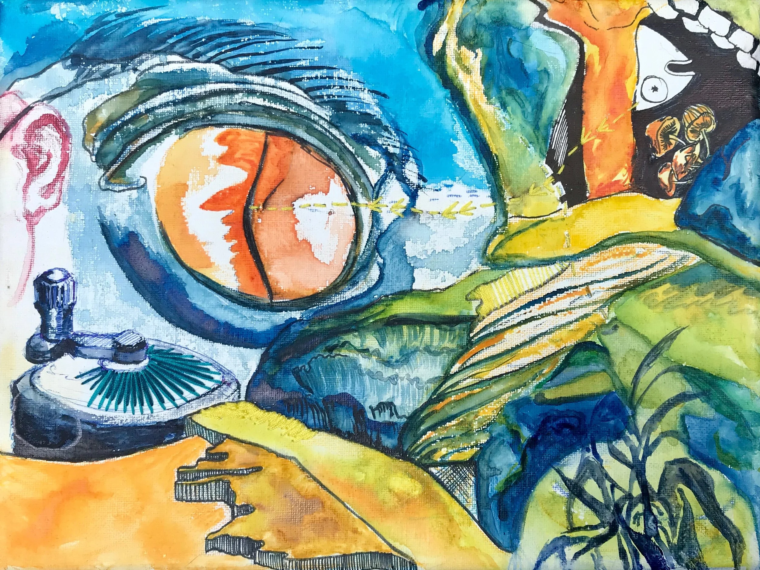 Acrylic, Watercolour &amp; Cotton Thread on Canvas